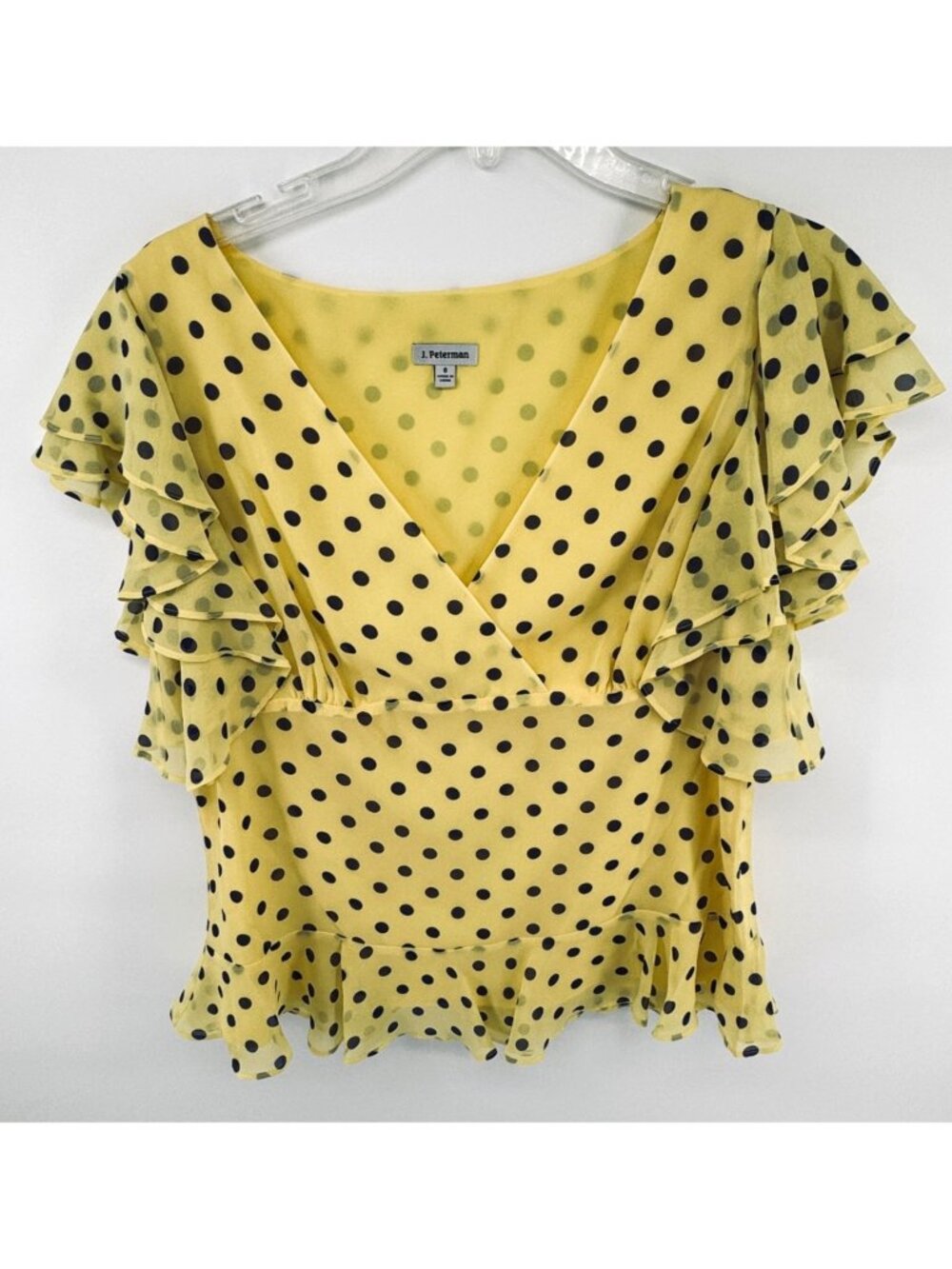 J Peterman Yellow Blue Polka Dot 100% Silk Ruffle Peplum Blouse Womens 8